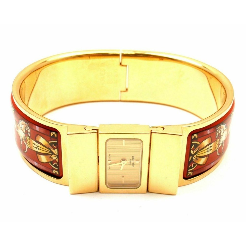 Auth Hermes Loquet Red Horse Equestrian Motif Bangle Bracelet Ladies Watch​